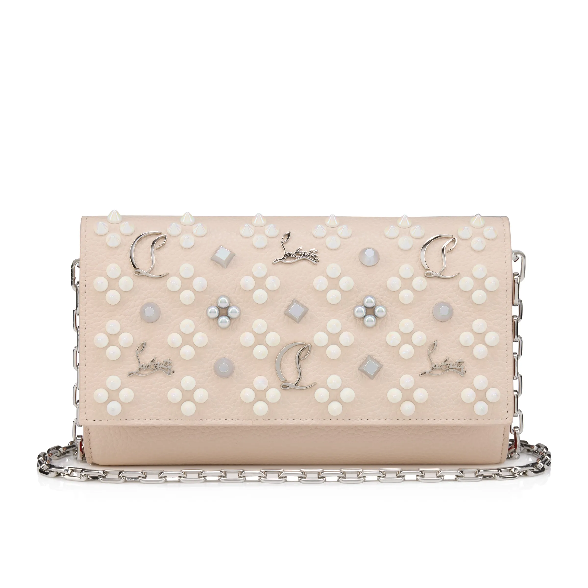 Christian Louboutin Paloma – Wallet on a chain – Grained calf leather and spikes Loubinthesky – Leche - Paloma - front view