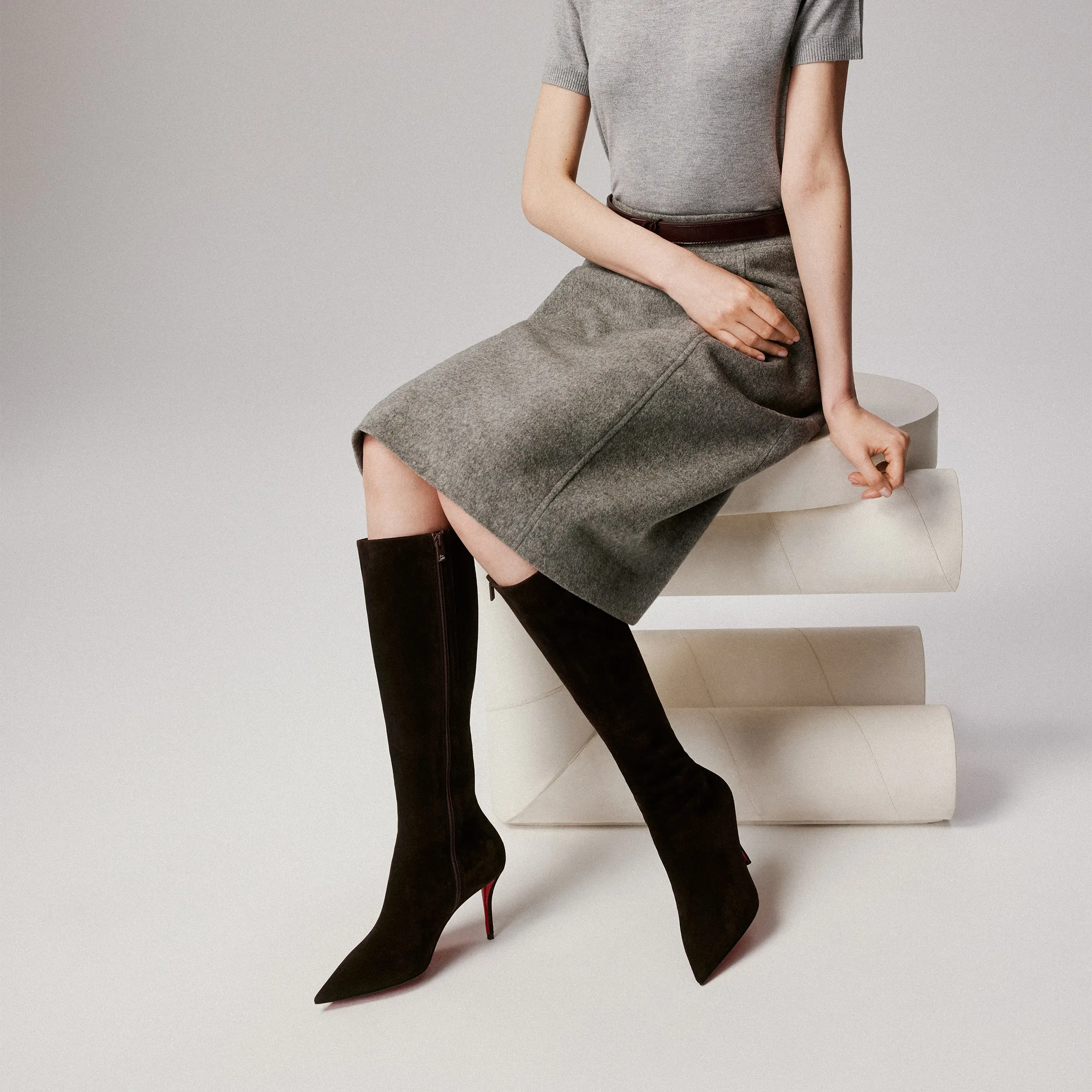 Christian Louboutin Miss Z Botta – 80 mm Boots – Veau velours leather – Café – Women - Miss Z Botta - front view
